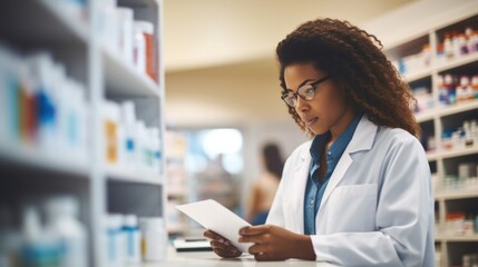 Females pharmacist checking stock drugs at pharmacy store - obrazy, fototapety, plakaty