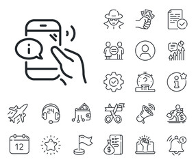 Phone support sign. Salaryman, gender equality and alert bell outline icons. Call center service line icon. Feedback info symbol. Call center line sign. Spy or profile placeholder icon. Vector
