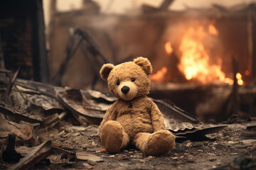 War children tragedy concept - sad teddy bear left in ruins of house destroyed at war