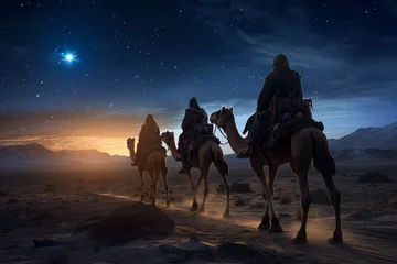 Foto op Plexiglas Three Wise Men, Three Kings follow Bethlehem star in the night © Dmitry Rukhlenko