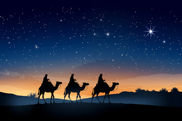 Christmas Jesus birth concept - Adoration of the Magi, Three Wise Men, Three Kings, and the Three biblical Magi with camel silhouettes journeying in sand dunes of desert follow Bethlehem star at night