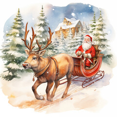 A watercolor drawing illustration of Santa Claus sleigh ride with reindeer, in the style of children s book illustration. The image captures the magic and whimsy of Christmas