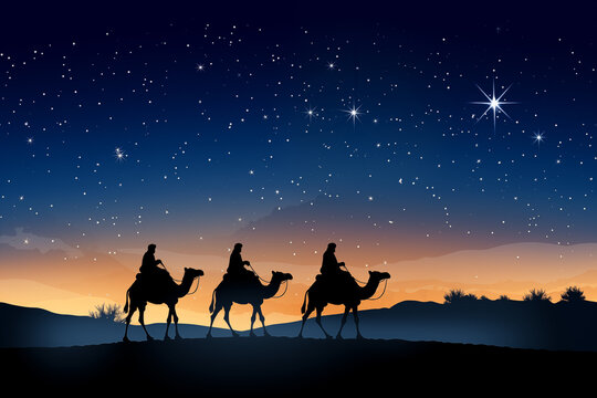 Christmas Jesus birth concept - Adoration of the Magi, Three Wise Men, Three Kings, and the Three biblical Magi with camel silhouettes journeying in sand dunes of desert follow Bethlehem star at night