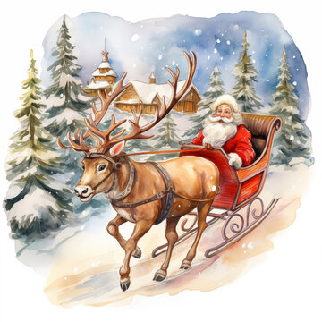 A watercolor drawing illustration of Santa Claus sleigh ride with reindeer, in the style of children s book illustration. The image captures the magic and whimsy of Christmas