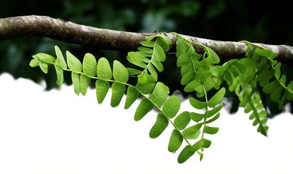 Tropical rainforest Dragon scale fern (Pyrrosia piloselloides) epiphytic creeping plant with round fleshy green leaves growing on jungle liana vine plant, Generative AI
