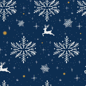 Christmas seamless pattern, white outlines of Christmas deer, snowflakes on blue background. Vector illustration