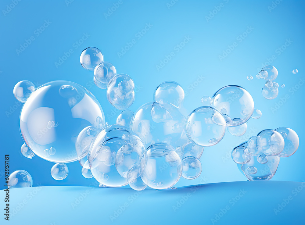 Poster Soaring bubbles on blue background. Abstract soap bubbles floating background.