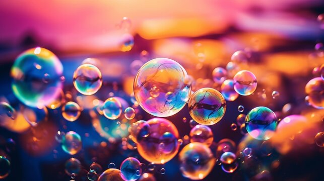 bubbles of different types of water on a colorful background, close up, chromatic purity, captured essence of the moment
