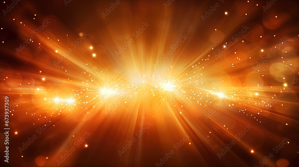Poster abstract backgound with blue and orange light rays. god rays or light burst with bokeh.
