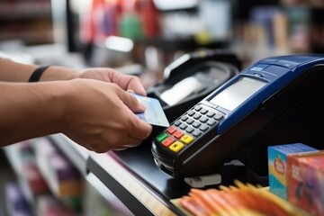 Man applies credit card to portable terminal to make contactless payment for purchase in store with blurred background. Concept of making payments using innovative technologies in shop