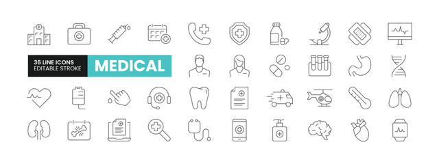 Set of 36 Medical line icons set. Medical outline icons with editable stroke collection. Includes Doctor, Hospital, Stethoscope, Ambulance, Heart and More.	