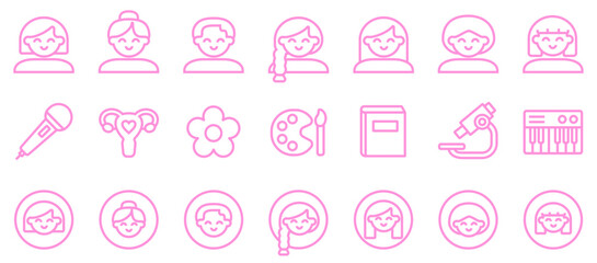 women icon, girl icon, set of pink icons, girly icons, cute icon set, lovable vector icons, editable stroke line, female faces icons, woman face, girl, femininity, women symbols, faces, heads, emoji