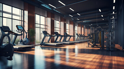 Exercise machines in spacious empty gym interior. Special modern equipment for physical training. - obrazy, fototapety, plakaty
