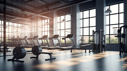 Exercise machines in spacious empty gym interior. Special modern equipment for physical training.