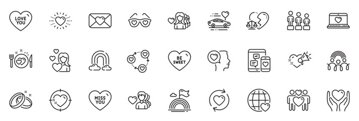 Icons pack as Divorce lawyer, Valentine and Heart line icons for app include Social media, Rainbow, Hold heart outline thin icon web set. Miss you, Lgbt, Woman love pictogram. Love you. Vector