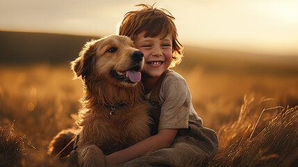 Medium close-up horizontal photo elementary child boy with his dog in a meadow. Concept of lifestyle
