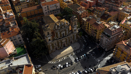 Aerial view on the cathedral of San Pietro in Frascati, a small town in the metropolitan city of Rome Capital, in the area of Roman Castles, in Lazio, Italy.