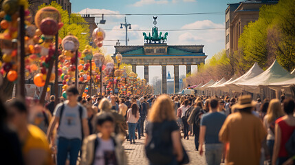 A photo of the Brandenburg Gate, with a bustling cityscape as the background, during a lively...