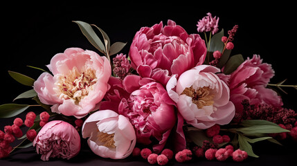 Beautiful bouquet of peonies and different flowers on a black background. Flower petals. Floral wallpaper. Pattern from natural flowers. Floral card design with dark vintage effect. Generated AI