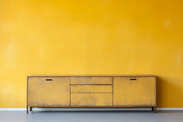 Interior mock up, contemporary style. Empty yellow wall in modern room. Copy space for your artwork, picture, poster. Apartment interior design. Yellow sideboard.