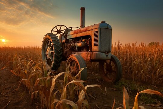An antique tractor stands next to a maize field at dawn. Generative AI