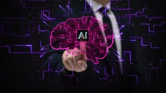Male Hand Using Touchscreen with Holographic Brain over Circuit Board. Animation of Artificial Intelligence  IA Chip over Human Brain. Future Technology Concept. Deep Learning Futuristic AR.