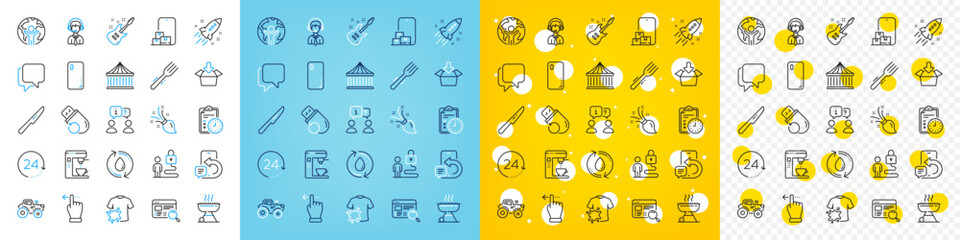 Vector icons set of Table knife, Website search and Coffee maker line icons pack for web with Smartphone cover, Flash memory, Online storage outline icon. Grill, Fork. Vector