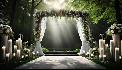 Wedding decoration backdrop with podium and wedding decorations - obrazy, fototapety, plakaty