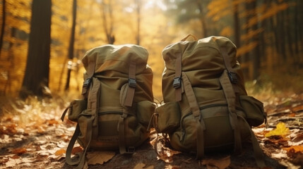 Two military backpackers in a mountain forest. AI Generated