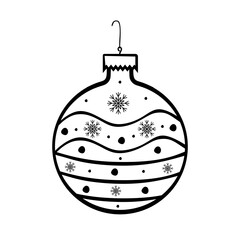 Hand drawn christmas toy with snowflakes for fir tree decoration. Monochrome christmas element isolated on white background. Winter ball in doodle style. Vector illustration