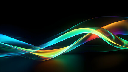 3d rendering, abstract geometric wallpaper of colorful neon ribbon, yellow green blue glowing lines isolated on black background. Gen AI