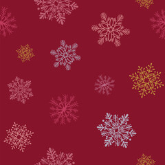 Naklejka na ściany i meble White snowflakes on red background seamless pattern for continuous replicate.