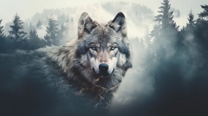 double exposure, portrait of a wolf against the background of a foggy coniferous forest. Generative AI - obrazy, fototapety, plakaty