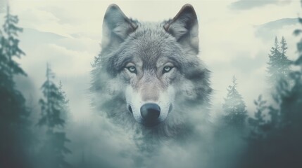 double exposure, portrait of a wolf against the background of a foggy coniferous forest. Generative AI