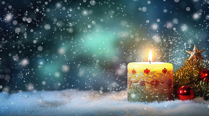 Christmas card with snow and candles. Winter holidays ornament and candles on the Xmas scene.