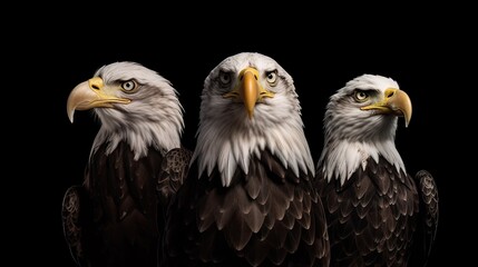 portrait of three bald eagles on a black background