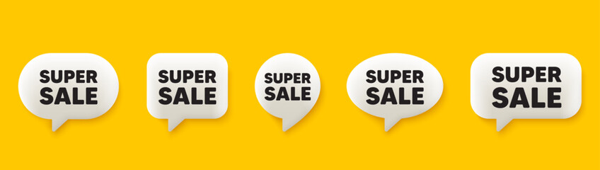 Super Sale tag. 3d chat speech bubbles set. Special offer price sign. Advertising Discounts symbol. Super sale talk speech message. Talk box infographics. Vector