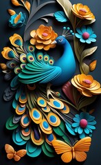 3D wallpaper for wall. Wallpaper for Interior Home Mural Painting art Decor. Peacocks, Butterfly, Elegant, Leather base, Seamless, Floral, Flowers in Bright color illustration Background,Generative AI