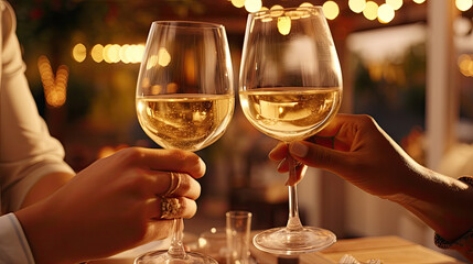 Friends clinking glasses at Christmas day in restaurant.Happy young couple enjoying nice romantic dinner.