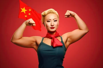 Fototapeten 'We can do it' Chinese or Asian pop-art inspired poster for woman's day or woman's march © annne