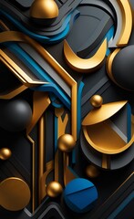 Abstract modern wallpaper mural art. golden, blue, gray, black and wooden shapes with golden lines. 3d illustration, Generative AI