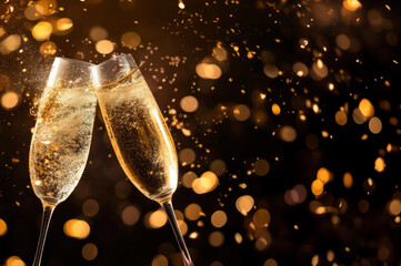 Celebration toast with champagne on bright background with bokeh effect.