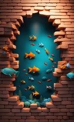 modern and creative 3d cracked brick wall underwater wildlife fish background. abstract crack hole 3d effect interior mural wall art decor illustration wallpaper, Generative AI