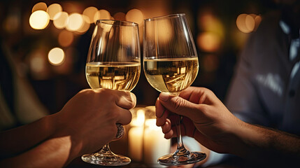 Friends clinking glasses at Christmas day in restaurant.Happy young couple enjoying nice romantic dinner.