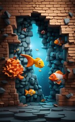 modern and creative 3d cracked brick wall underwater wildlife fish background. abstract crack hole 3d effect interior mural wall art decor illustration wallpaper, Generative AI
