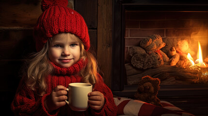 Little girl with cozy sweater drinks hot beverage cup on Christmas holidays.