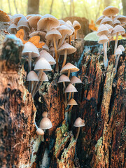 Stump with mushrooms in the autumn forest. Mushroom landscape, screensaver.