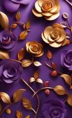 3d art mural flowers wallpaper. rose flowers on a purple and golden background. Abstract leaves branches, Generative AI