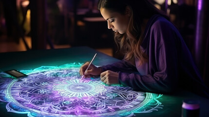 Young woman draws glowing mandala, Geometric circle element