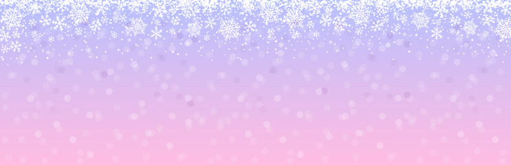 Pink Christmas banner with snowflakes and stars. Merry Christmas and Happy New Year greeting banner. Horizontal new year background, headers, posters, cards, website. Vector illustration